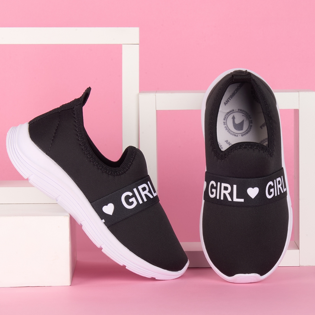Tênis Infantil Menina Preto Esportivo Slip On Confortável Leve Flexível Elástico Dia a Dia Escolar