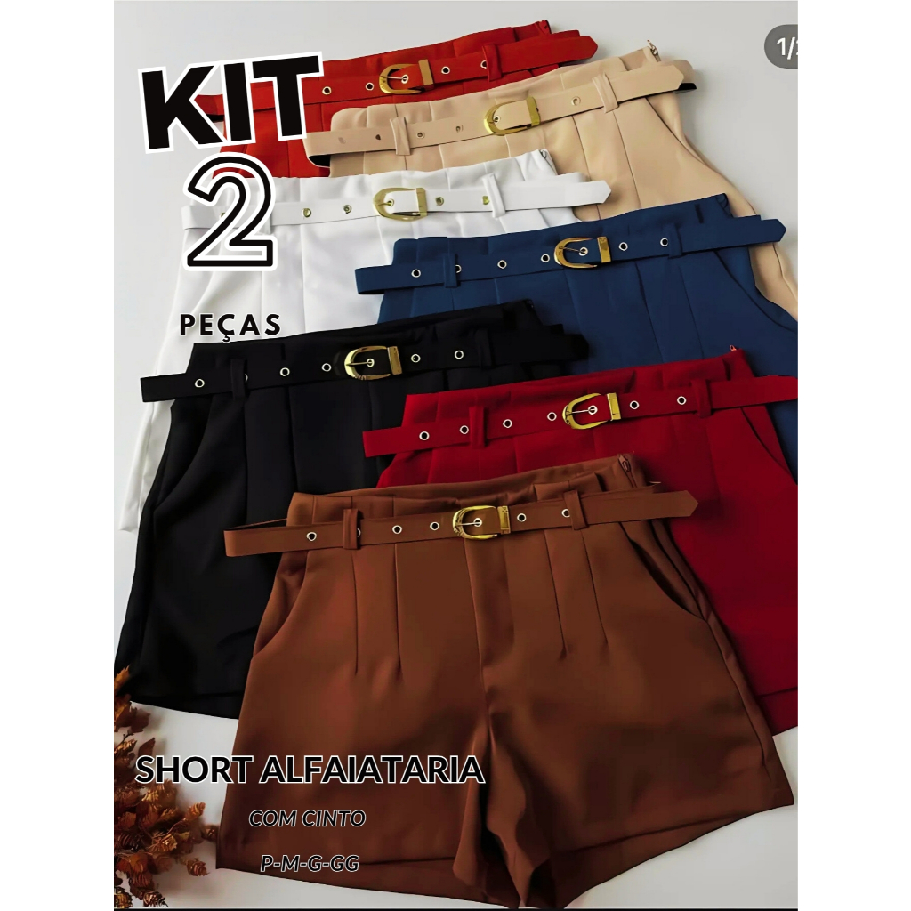 Kit 2 Short Alfaiataria Feminino Com Bolso Com Cinto Cintura Alta PROMOÇÃO