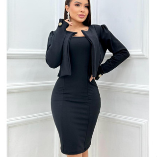 Conjunto Vestido Colado Midi + Casaco Blazer Moda Evangélica Elegante, Escritório Festa Formatura em Oferta na Shopee