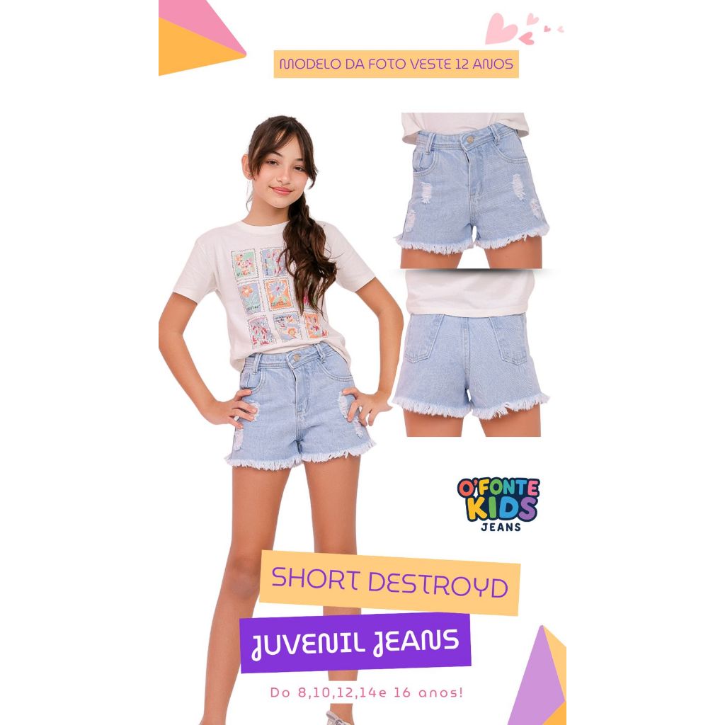 Short Jeans Infantil Menina Desfiado Destroyed Detonado 08,10,12,14,16 anos em Oferta na Shopee