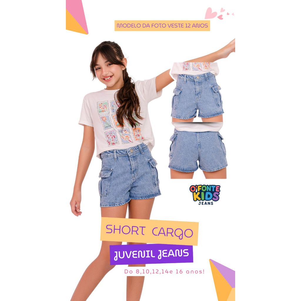 Short Jeans Infantil Menina Cargo Marmorizado Claro Juvenil Premium 08,10,12,14,16 anos