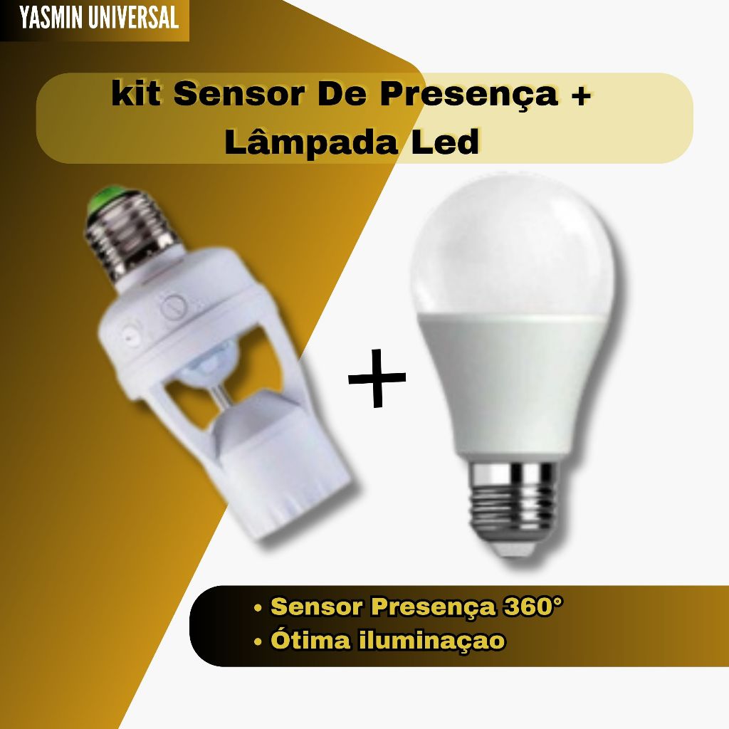 kit Sensor De Presença + Lâmpada Led 9w Bulbo Soquete E27 Bivolt Branco Frio