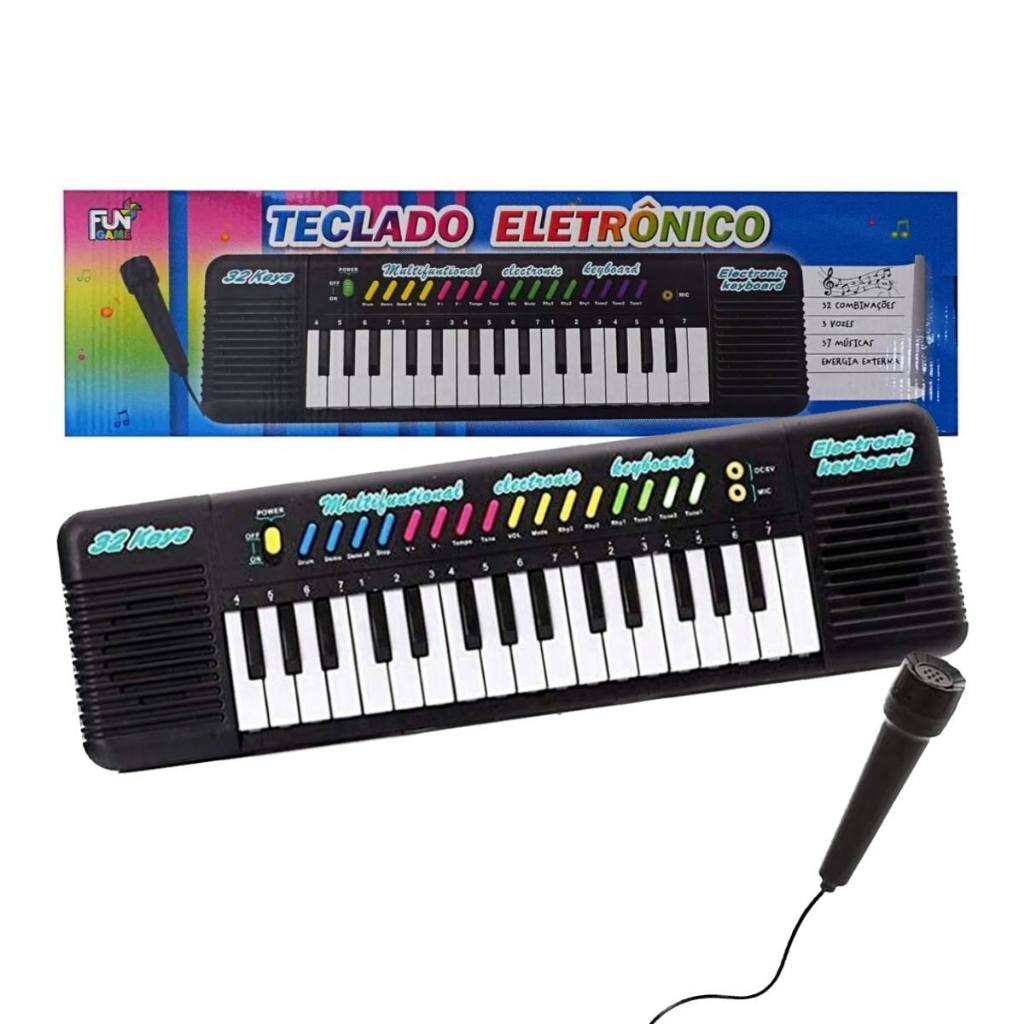 Teclado Piano Preto Musical Infantil Eletrônico 32 Teclas Com Microfone Para Criança - Fun Game
