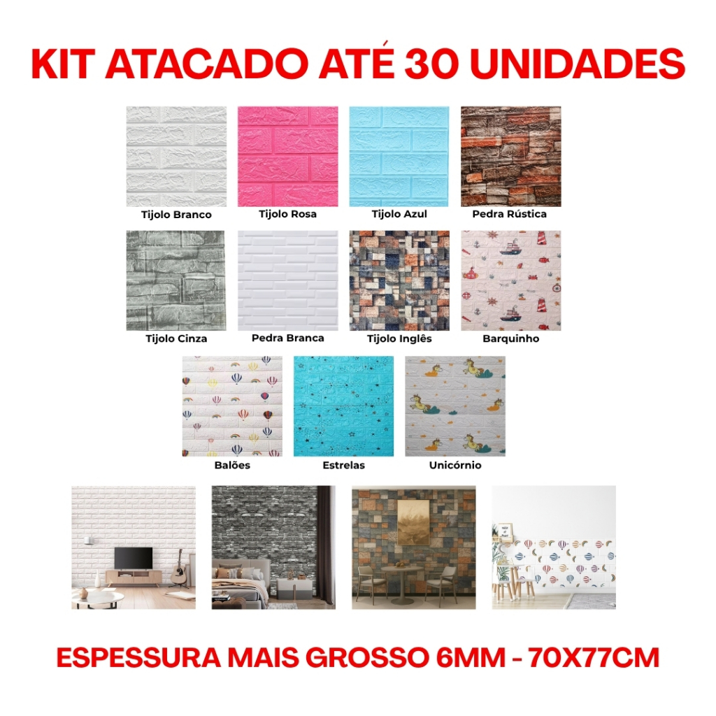 Kit Até 30 Placas 3D Autocolante Tijolinho Decoração 77X70 Grossa 6mm em Oferta na Shopee