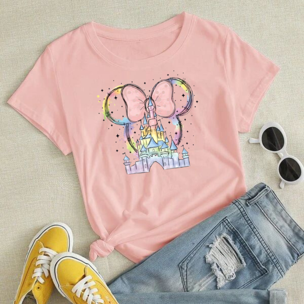 Camiseta Feminina T-Shirt Clássico Castelo Disney com Orelha e Laço Minnie Mouse 100% Algodão Adulto Infantil Juvenil