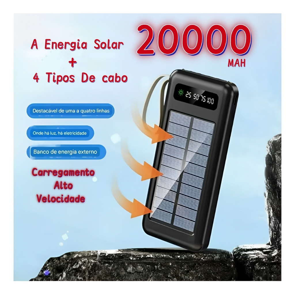 Carregador Portátil Power Bank Solar 20.000mah Com cabos 5 Em1 LED lanterna IT BLUE Original