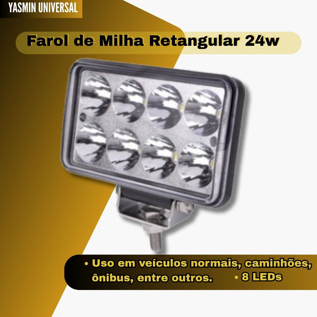 Farol de Milha Retangular 24w 8 Led Troller Pick-up Offroad 4x4 Carro Moto Jeep Caminhão 6000k