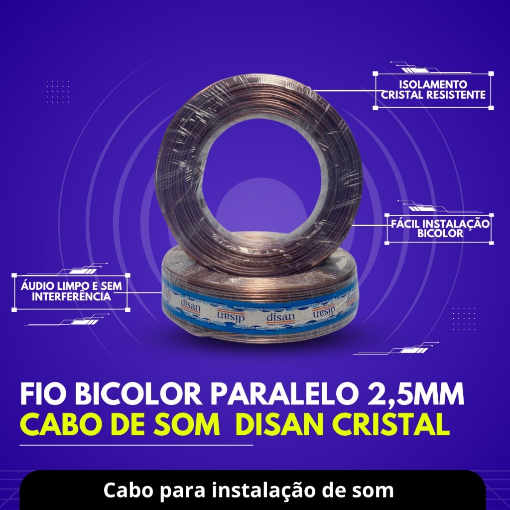 Fio Paralelo bicolor 2,5mm Som automotivo cristal 25 mts