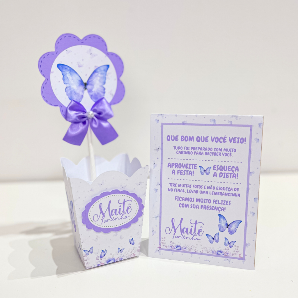 Kit Centro de mesa Jardim Borboletas Lilás Cachepô Personalizado | Enfeite Plaquinha Decoração