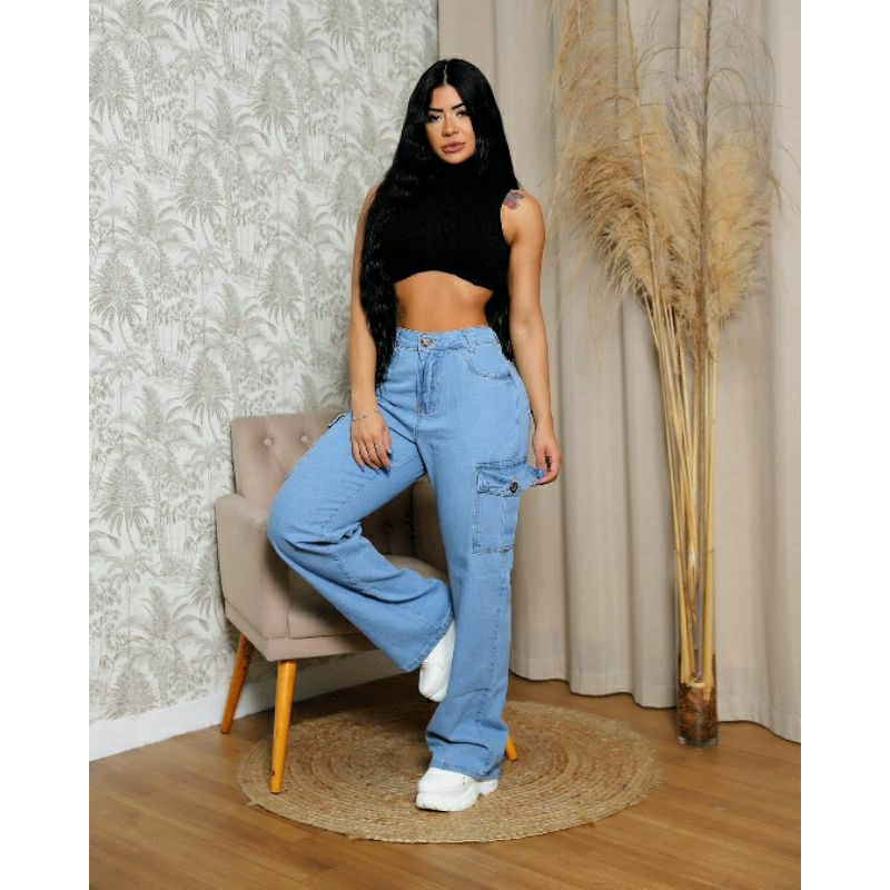 calça jeans clara feminina cargo levanta bumbum cintura alta 100% jeans