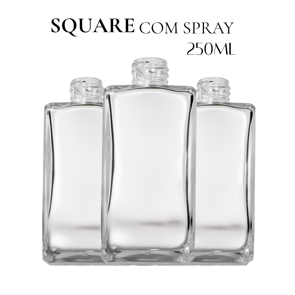 Frasco de Vidro Retangular 250ml com Válvula Spray – Perfume | Cores Madeira, Prata e Preto