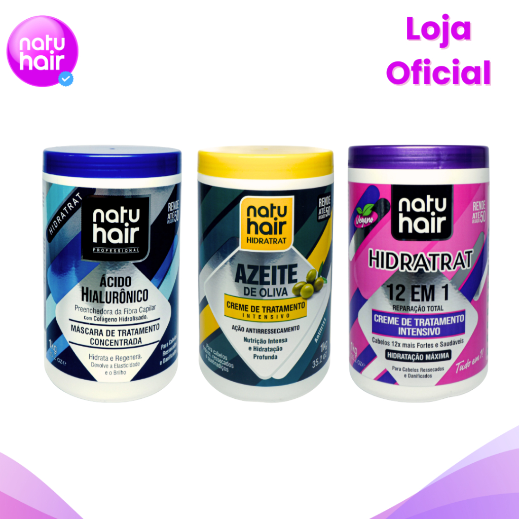 Kit Cronograma Capilar Ácido Hialurônico + Azeite de Oliva + 12 em 1 NatuHair