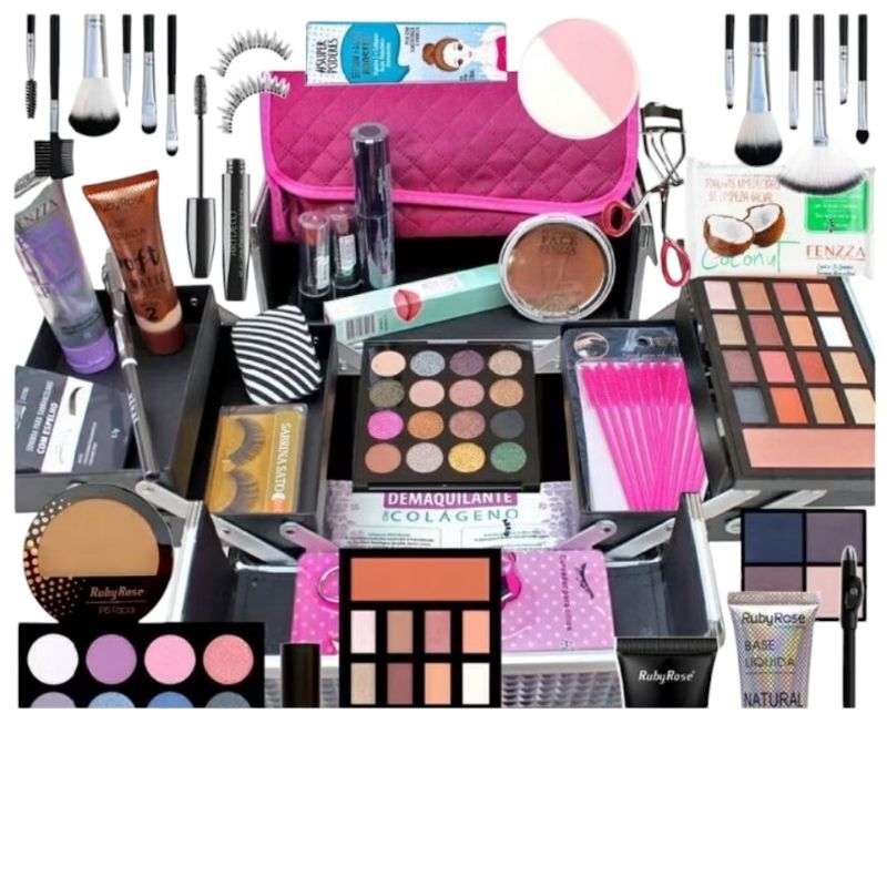 ´kit de maquiagem com 10 itens, kit completo com base,batom, iluminador,entre outros(obsnão acompanha a maleta)