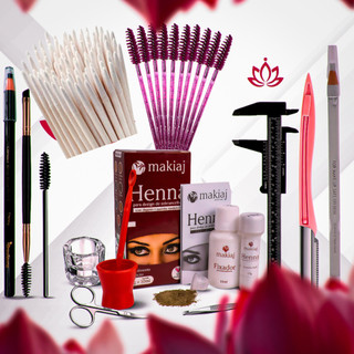 Kit Sobrancelha Henna makiaj+Palito+Navalha+Paquímetro+Tesoura+Pincel+Dappen+ 2 Lápis Der…