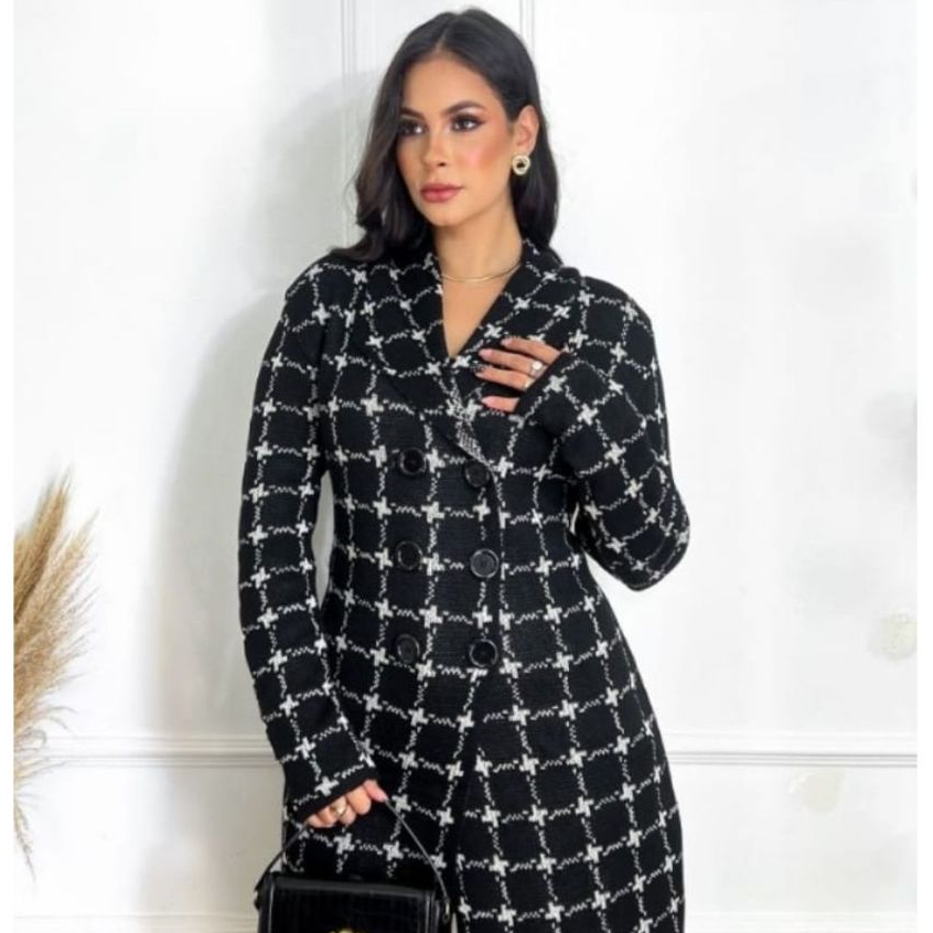 Casaco Feminino Xadrez Tricô Botão Manga Longa Sobretudo Clássico Moda Outono/Inverno Frio Tricot