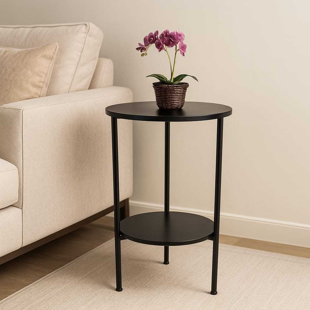 Mesa De Apoio Redonda Moderna 2 Tampos Ferro Resistente MDF Premium Antiferrugem Durável