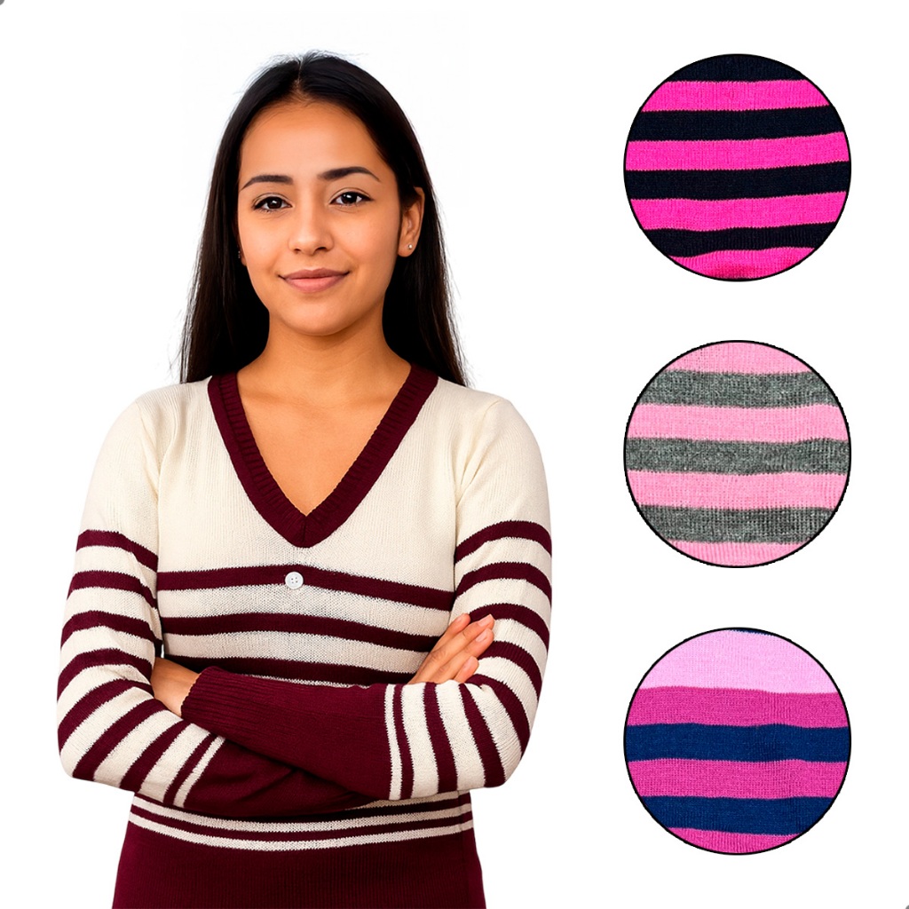 Kit 3 Blusas Femininas Juvenis Tricô Canelado Listradas Gola V Leves Confortáveis Estilo Inverno Casua