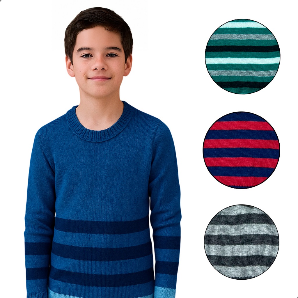 Kit 3 Blusas Masculinas Juvenis Tricô Canelado Listradas Manga Longa Gola V ou Redonda Leves Inverno Casual