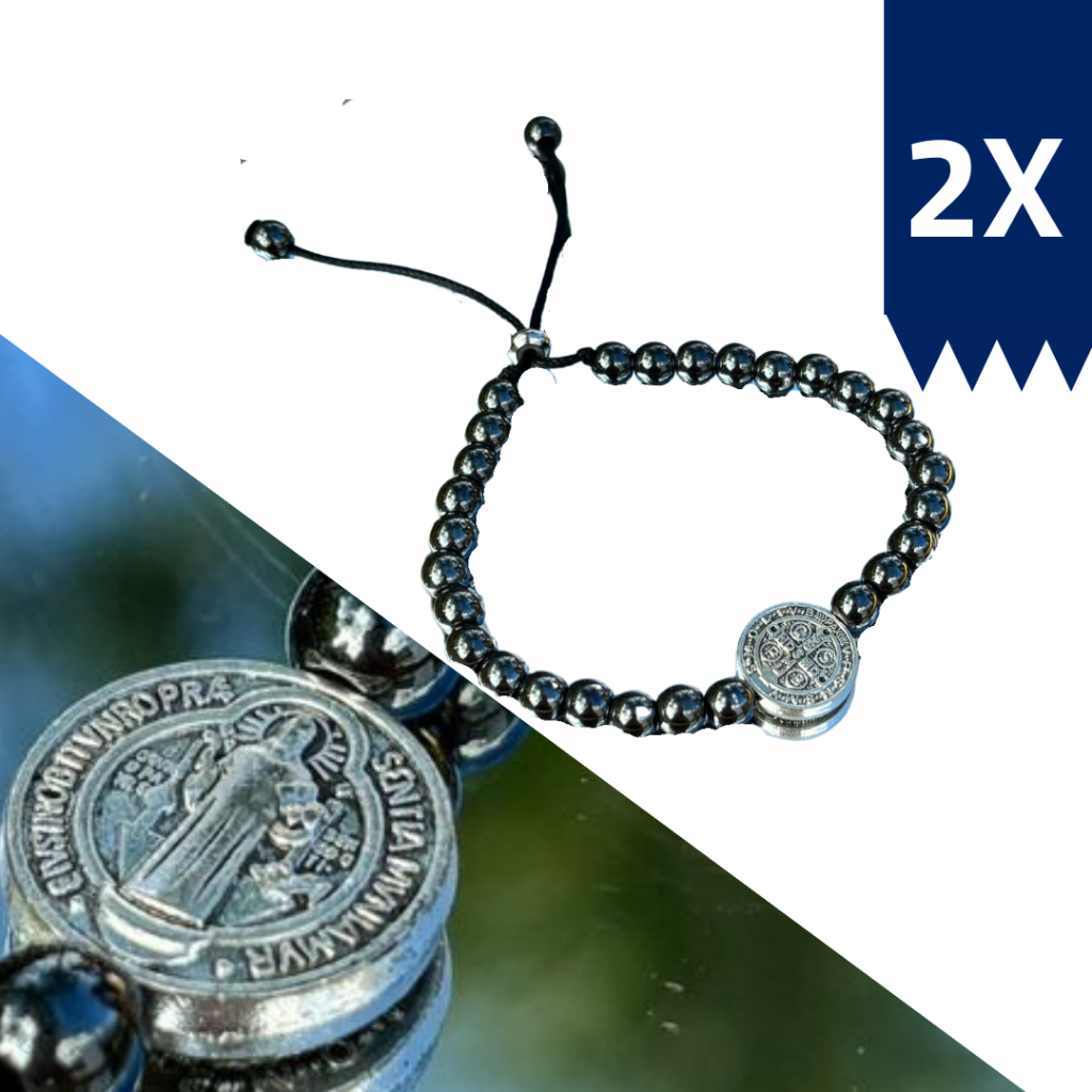 Kit 2x Terços de Pulso Masculino Hematita com Medalha de São Bento