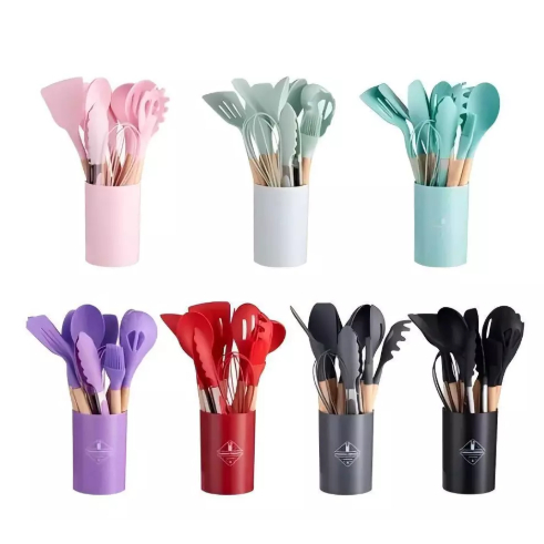 KIT de Utensílios Para Cozinha em Silicone e Bambu 12 Peças