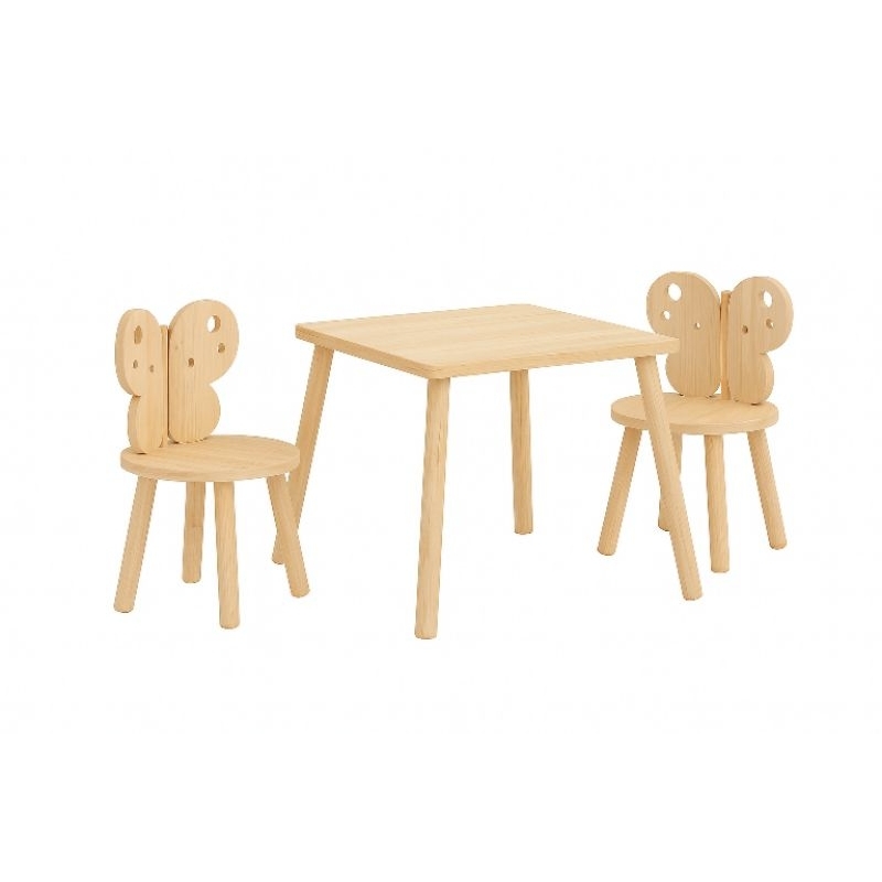 Mesa Infantil com 2 Cadeiras Borboleta – Madeira Pinus Natural – Pés de Madeira Caxeta
