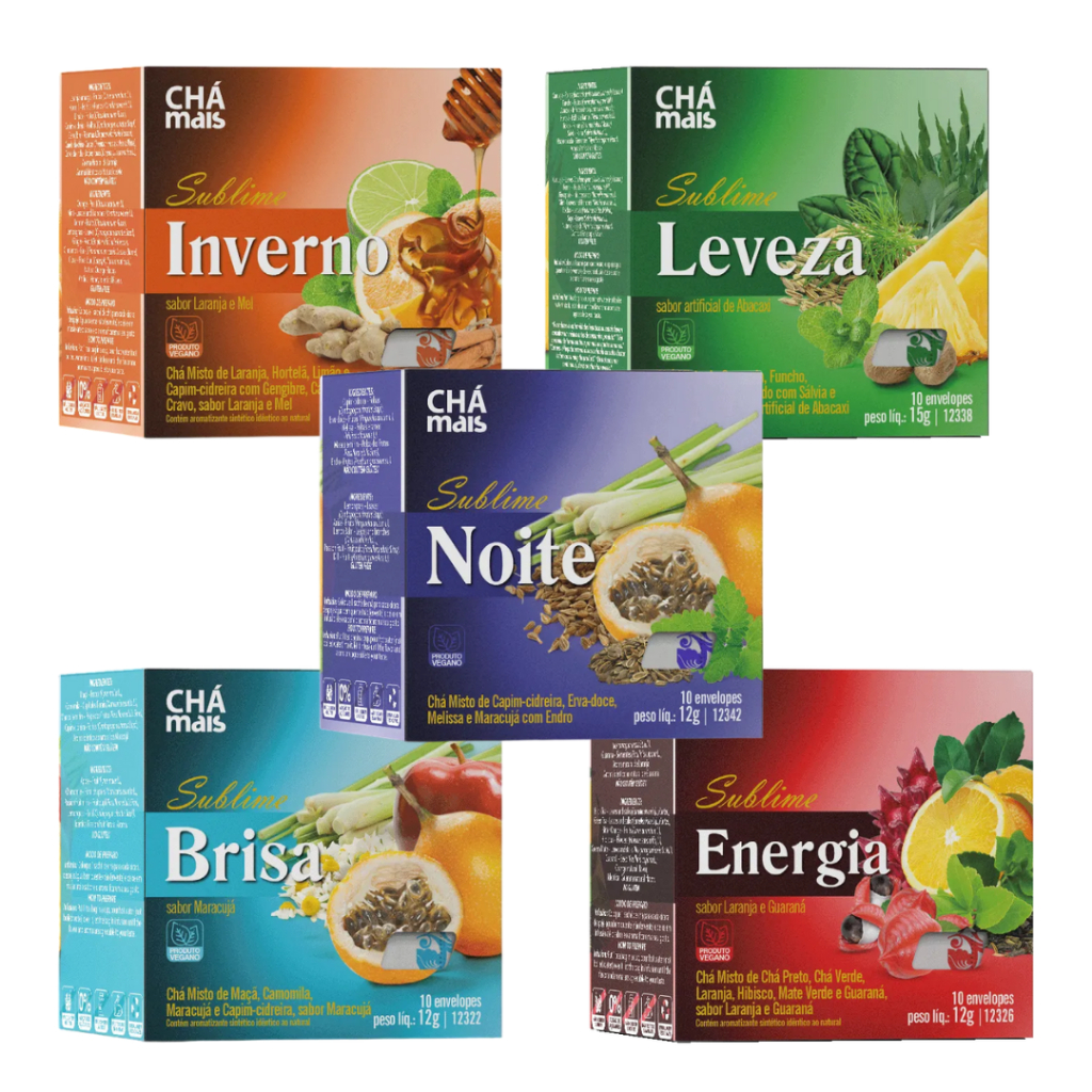 Kit 5 Chás Sabores: Sublime Noite, Energia, Leveza, Brisa e Inverno - 10 Sachês cada caixa - Chámais