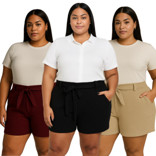 kit 3 Shorts Plus Size Colmeia Listrado Liso Feminino Com Cinto em Oferta na Shopee