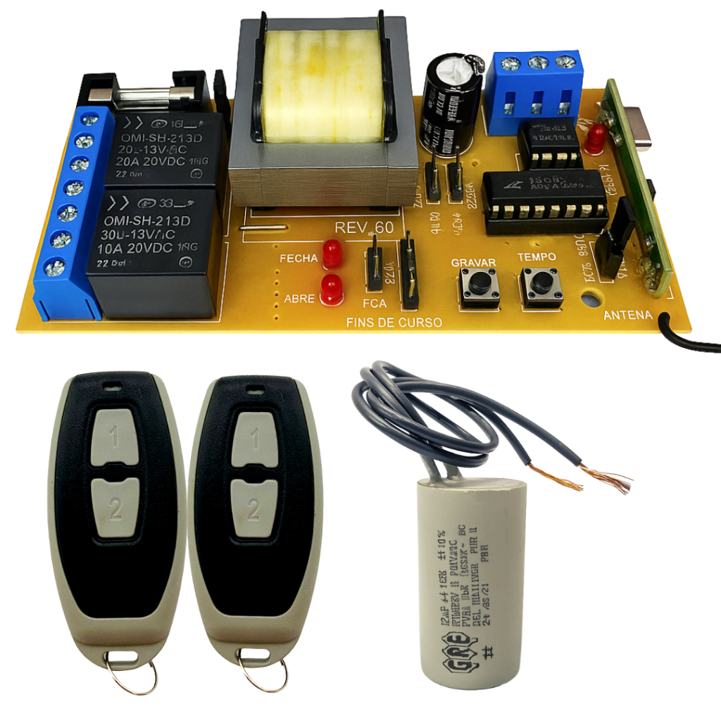 Kit Placa Central Universal Portão Eletrônico Nb52 e Capacitor 12uf com 2 Controles Configurados  para Portão Automático
