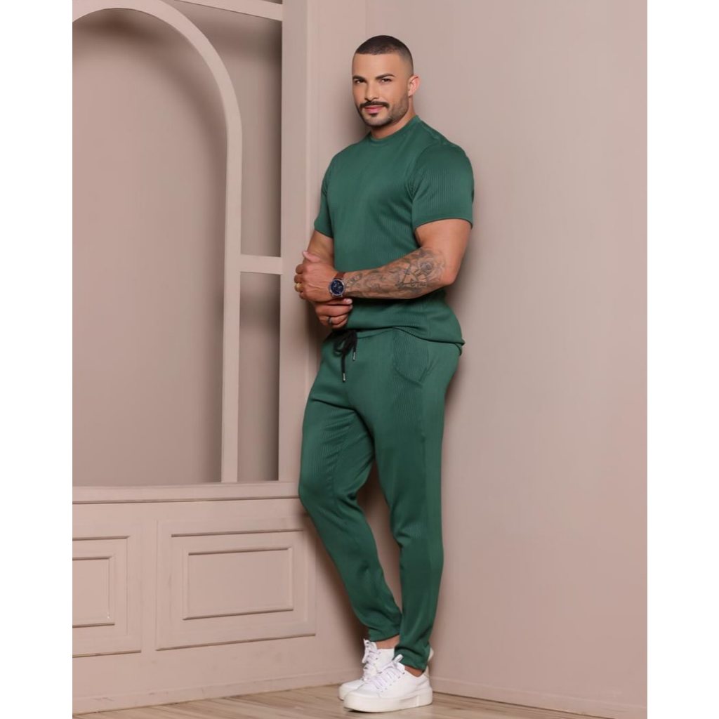 Calça + Camisa Masculina Conjunto Moda Elegante Moderno Conforto Ribana Canelada
