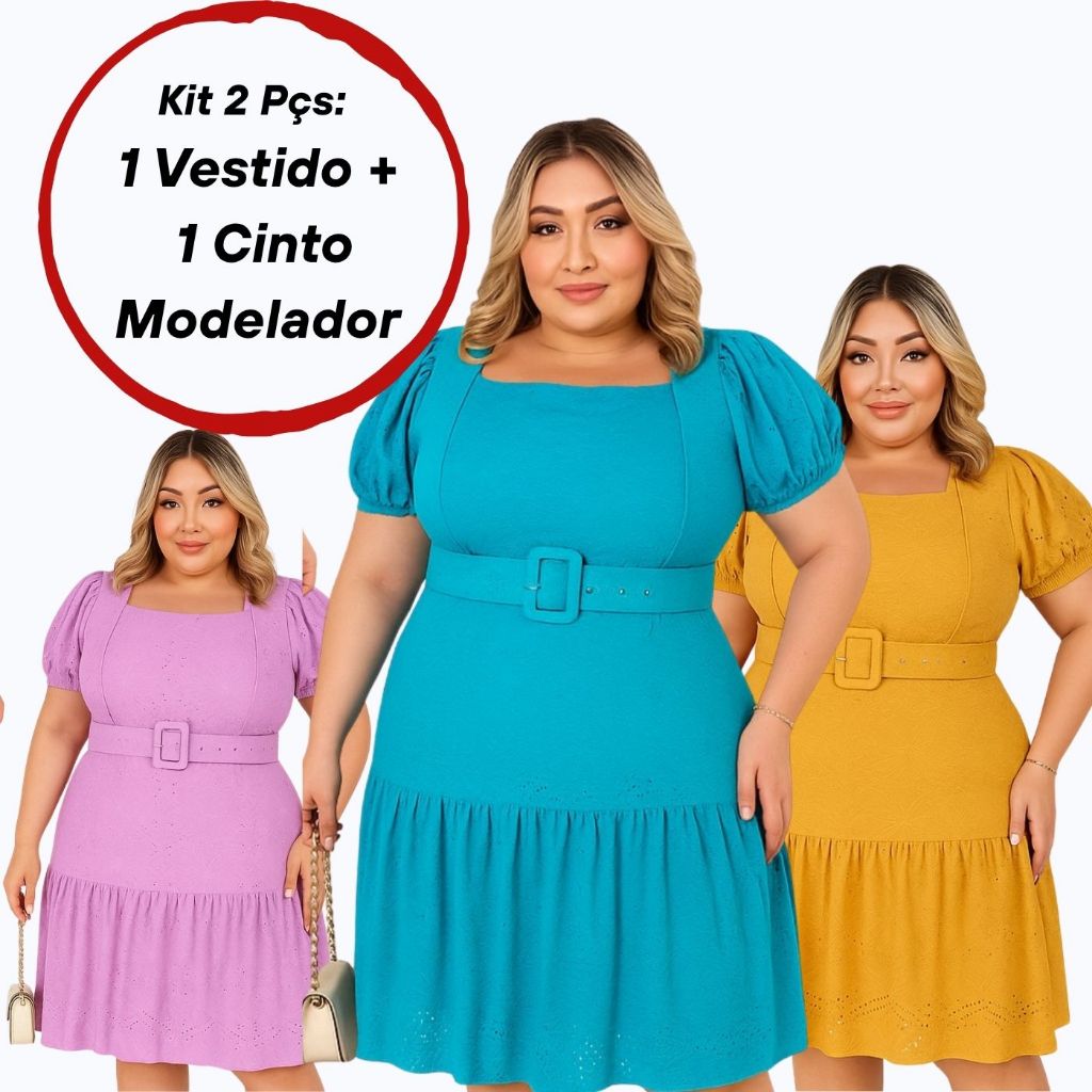 Kit 2 Pçs Vestido Plus Size Forrado Laise Casamento e Festa + 1 Cinto Modelador em Oferta na Shopee