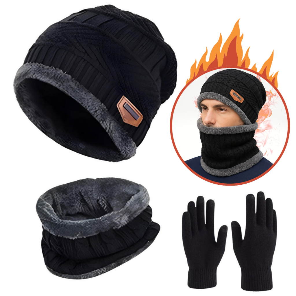 Conjunto Kit Inverno Frio Completo Luva Touch + Touca Forrada + Cachecol Protetor de Pescoço Unissex em Oferta na Shopee