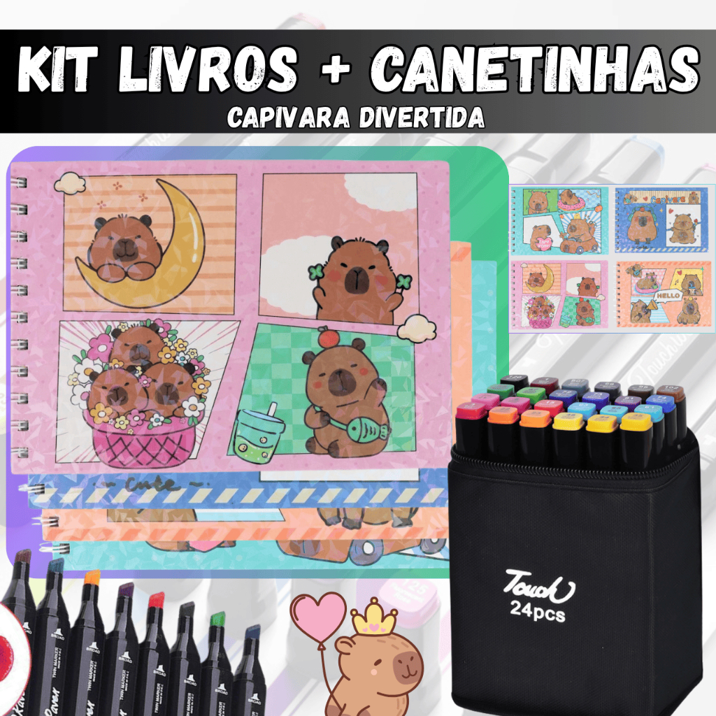 KIT 24 Canetinha Ponta Dupla + Livro De Colorir Capivara Pintura 50 Páginas Canetas Touch Marcadora