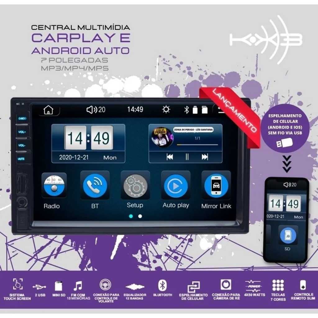 Mp5 Carplay Android Auto Espelhamento Som Automotivo Krc3000