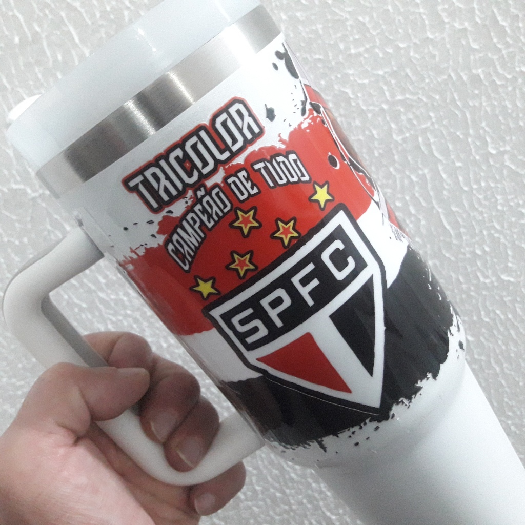 Copo Térmico São Paulo FC Personalizado em DTF UV Copão Garrafa Tricolor Neymar Virgínia Branco