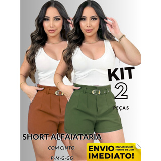 Kit 2 Short Alfaiataria Feminino Com Bolso Com Cinto Cintura Alta ENVIO IMEDIATO em Oferta na Shopee
