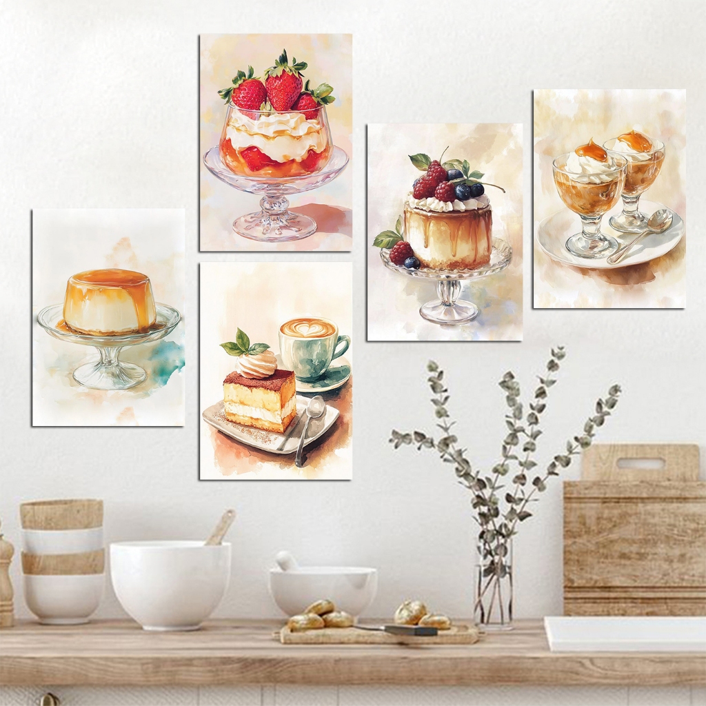 quadros imagens sobremesa bolo pudim tortas - decoração cozinha confeitaria restaurante - kit 5 placas MDF 20x30cm em Oferta na Shopee