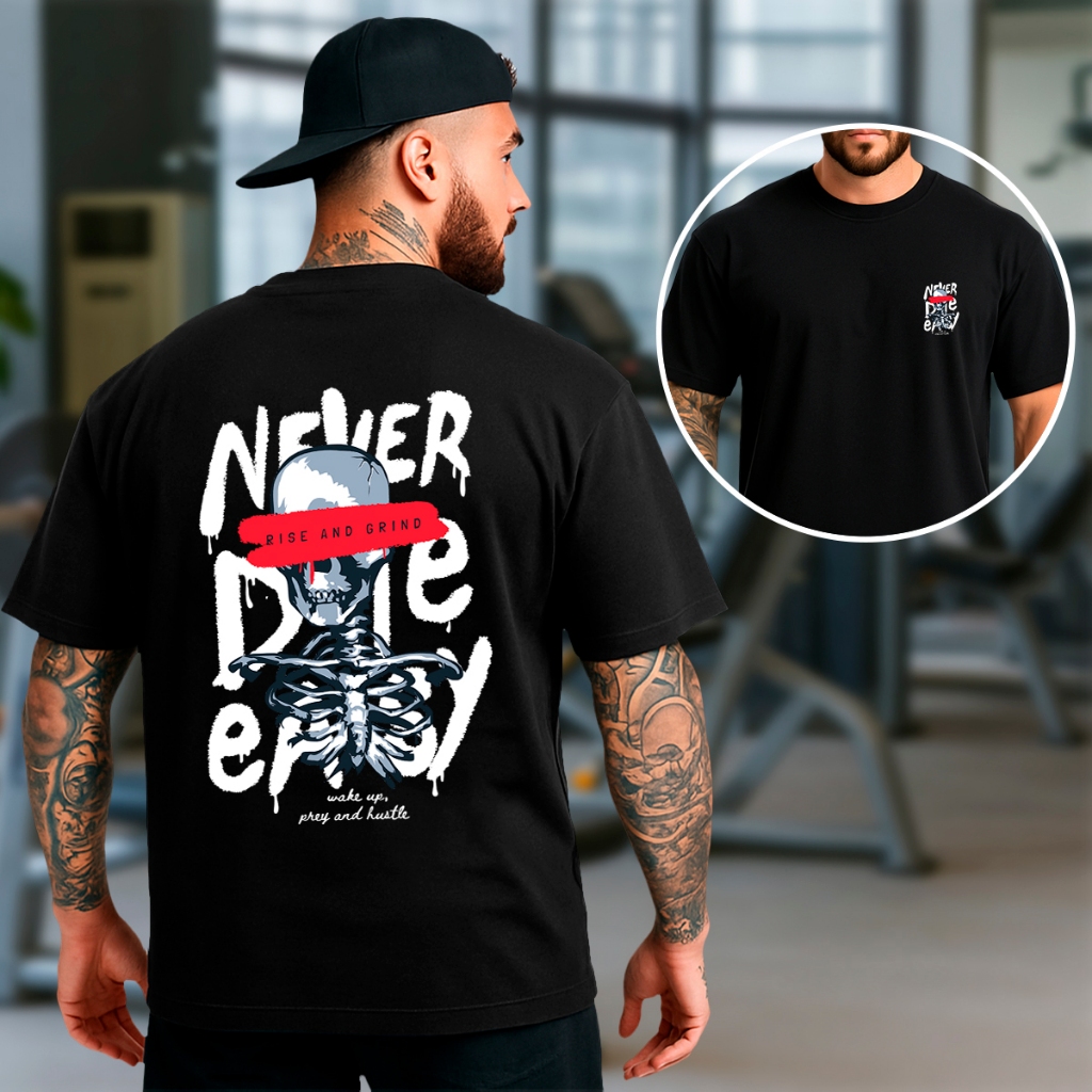 Camiseta Oversized Masculina Motivacional Skeleton Wake Up Pray and Hustle Academia Diversas Cores