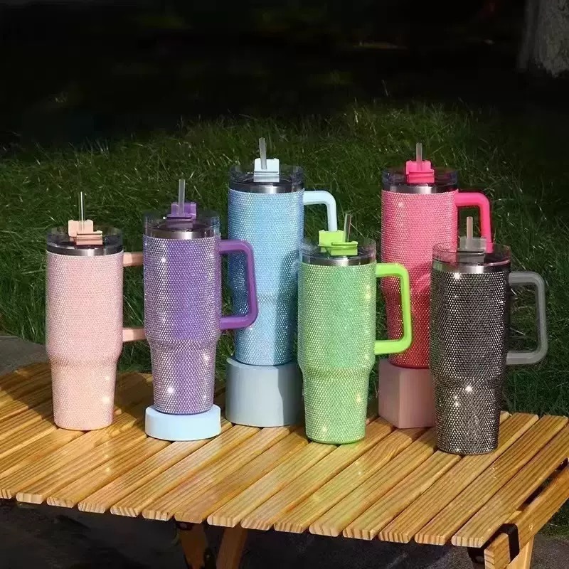Copo Térmico Garrafa strass brilhante Com Tampa Alça Canudo 1200ML Grande Capacidade Quente e Frio