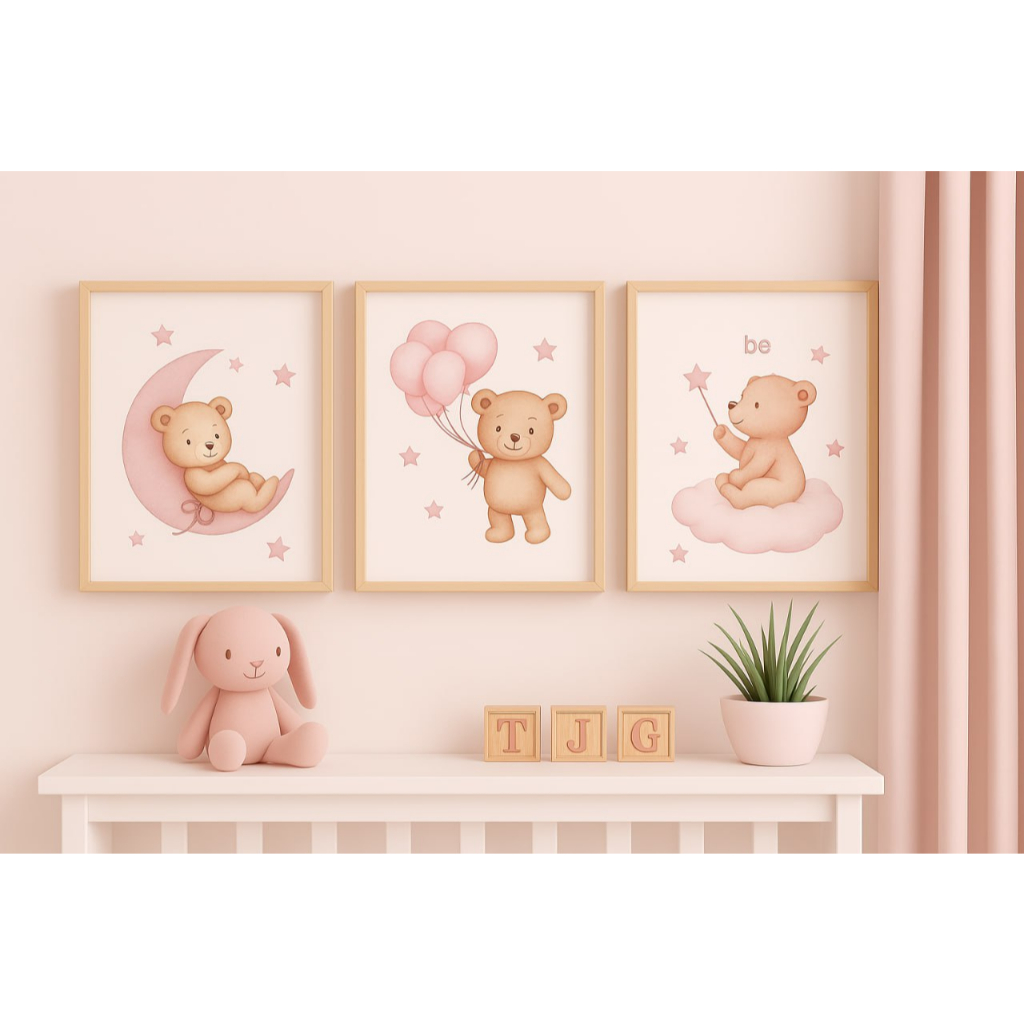 Quadros Decorativos Infantil de Menina – Ursinhos Fofos em Tons Rosé para um Quarto Encantador em Oferta na Shopee