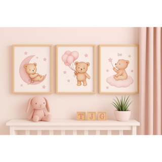 Quadros Decorativos Infantil de Menina – Ursinhos Fofos em Tons Rosé para um Quarto Encantador em Oferta na Shopee
