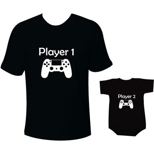 Kit tal pai tal filho filha Player 1 e Player 2 Gamer Jogos combinando camiseta body t-shirts mini