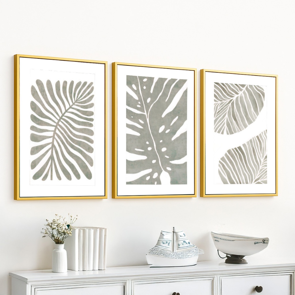 Trio Quadros Decorativos Moldura 40X60 cm Abstrato Costela De Adão Com Vidro — imagem 2 de 2
