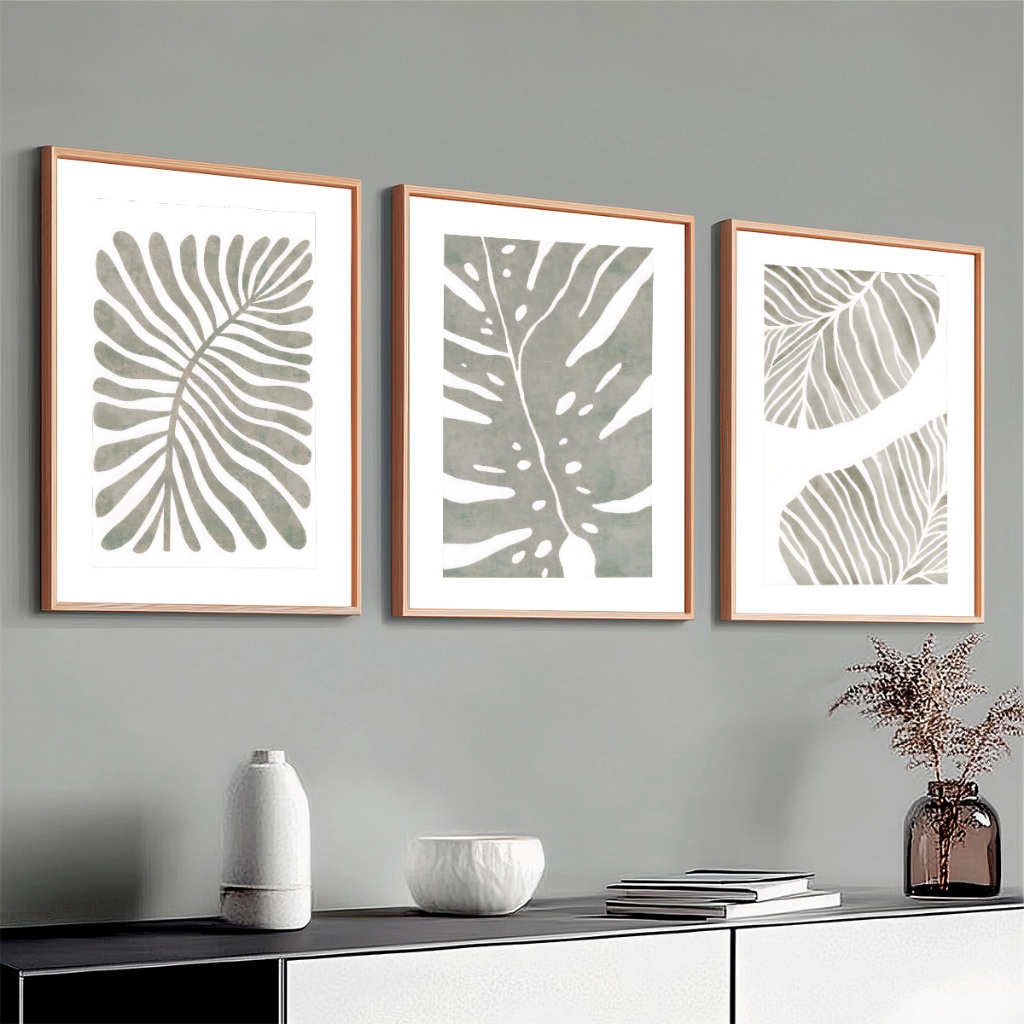 Trio Quadros Decorativos Moldura 40X60 cm Abstrato Costela De Adão Com Vidro