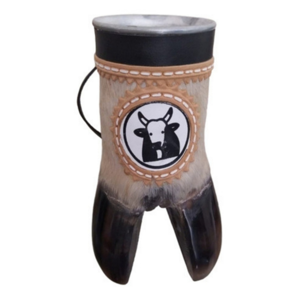 Caneca Copo Pé De Boi Natural Com Interior De Alumínio Com Alça De Couro Legitimo