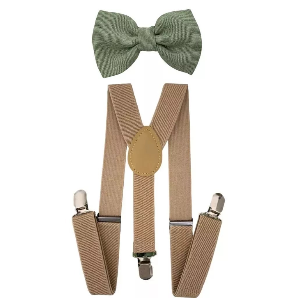 12 Kits Suspensório Bege e Gravata Borboleta Verde Oliva Premium Adulto para Padrinhos e Noivos