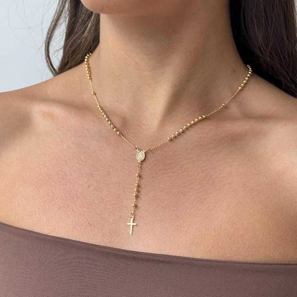 Detalhes do Colar Terço Nossa senhora banhado a Ouro 18k