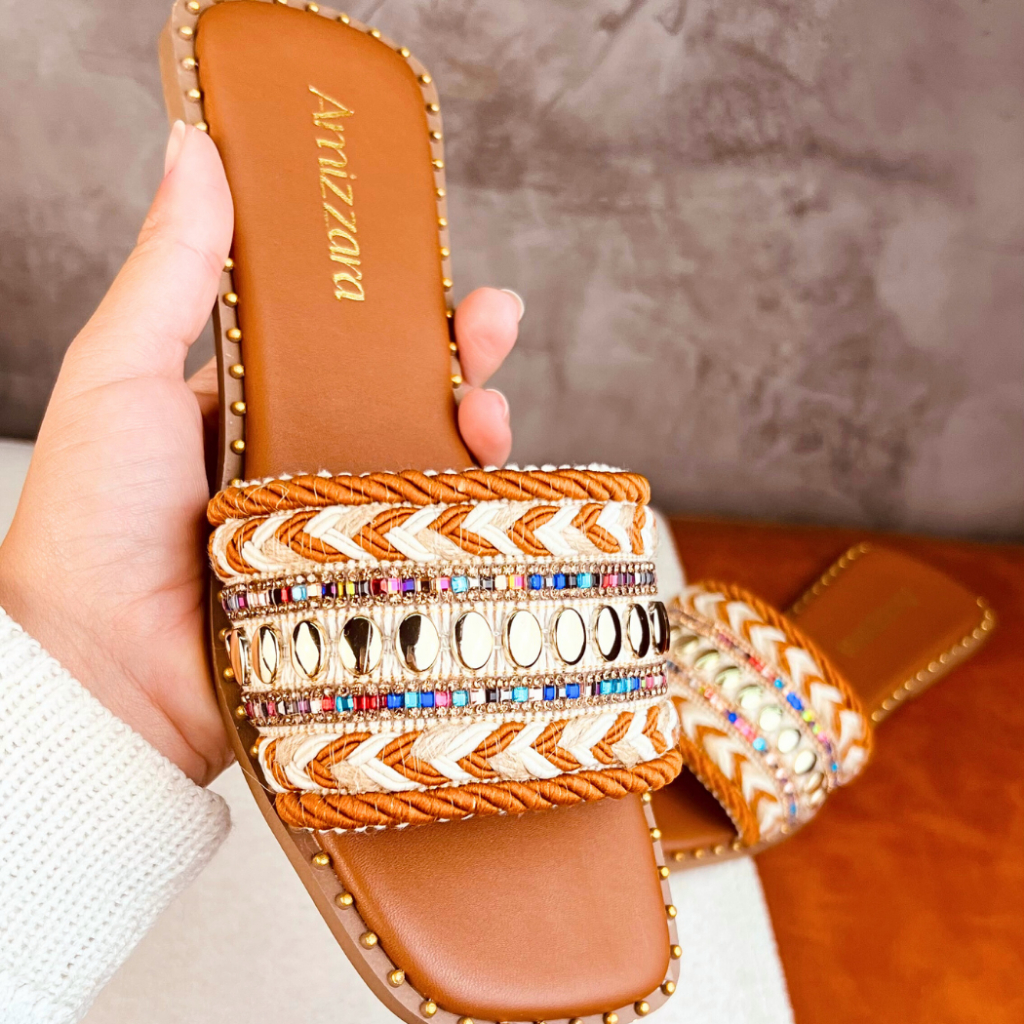 Rasteirinha Estilo Boho Chic Exclusiva Feminina Tecido Trança Artesanal Sandália Marrocos ...