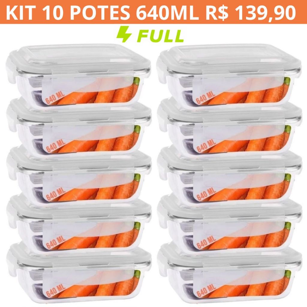 Kit 10 Potes de Vidro Hermético Retangular 640ml Marmita Microondas Freezer Forno