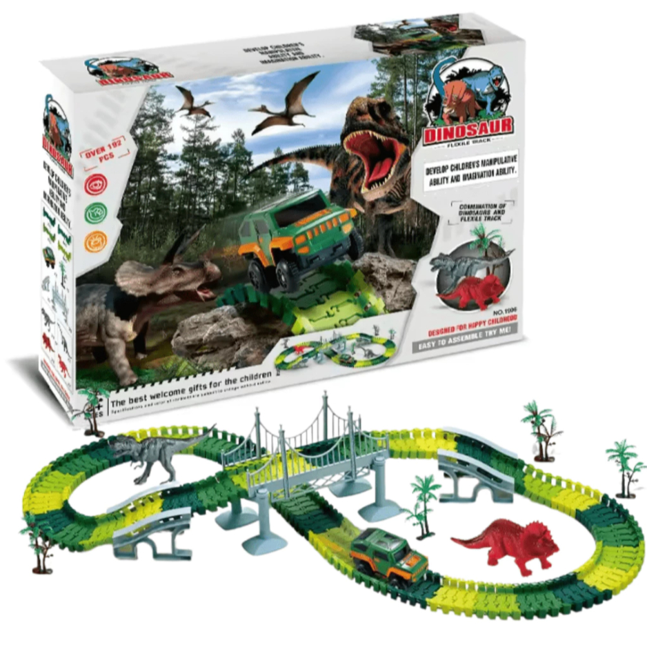 Pista Corrida Carrinho Dinossauro Infantil Ajustável Brinquedo Criança Montável Trilha Maluca