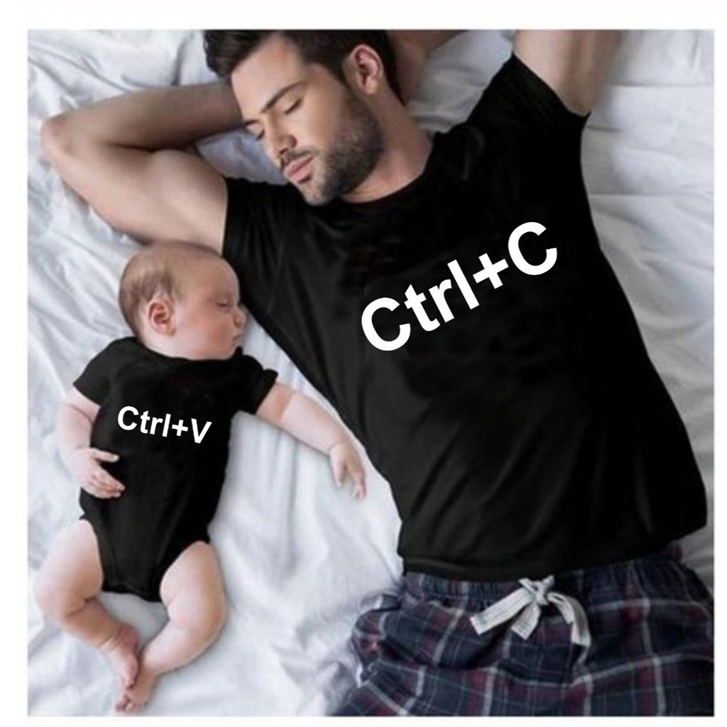 Kit tal pai tal filho filha Cntrl C Cntrl V Preta combinando camiseta body t-shirts mini